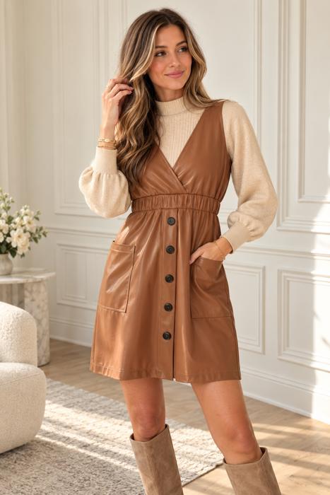 Caroline Faux Leather Surplice Mini Dress | Taupe Button-Up Polyester Dress | Fall Dress | Overall Dress