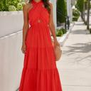  Braelyn Cross Front Halter Maxi Dress | Summer New Arrival | Women's Red Cross-Front Tiered Maxi Dress | Summer Vacation Event Dress | Trendy | Halter Front Cut-Out