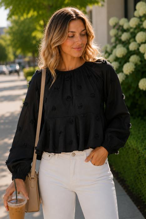 Maggie Tiered Mesh Blouse | Black Women's Top | Holiday Style | Textured Florals | Flowy Peplum | Lightweight