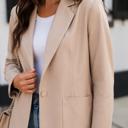  Monet Faux Leather Blazer | Women's Beige Jacket | Fall and Winter Trendy Style | Neutral Fashion | Collared Single-Breasted | Flap Pockets | Long Sleeves