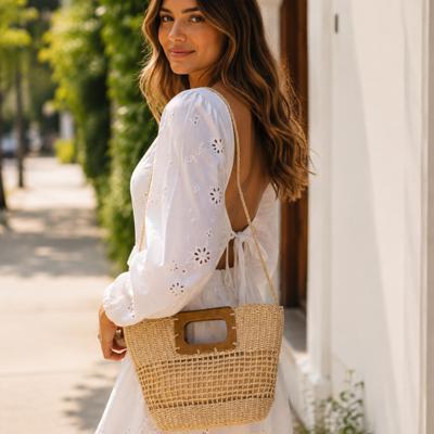 Miami Straw Braided Wooden Handle Beach Bag | Summer Accessory | Women's Fashion Purse