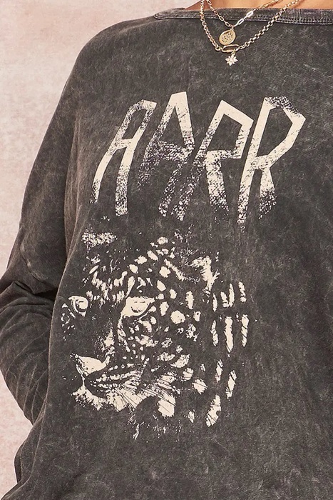 Alexia Leopard Vintage Washed Graphic Tee | Charcoal Grey Long Sleeve Top | Mineral Washed with Leopard Graphic | Round Neckline | Relaxed