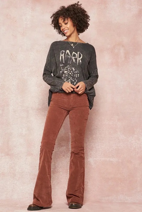 Alexia Leopard Vintage Washed Graphic Tee | Charcoal Grey Long Sleeve Top | Mineral Washed with Leopard Graphic | Round Neckline | Relaxed