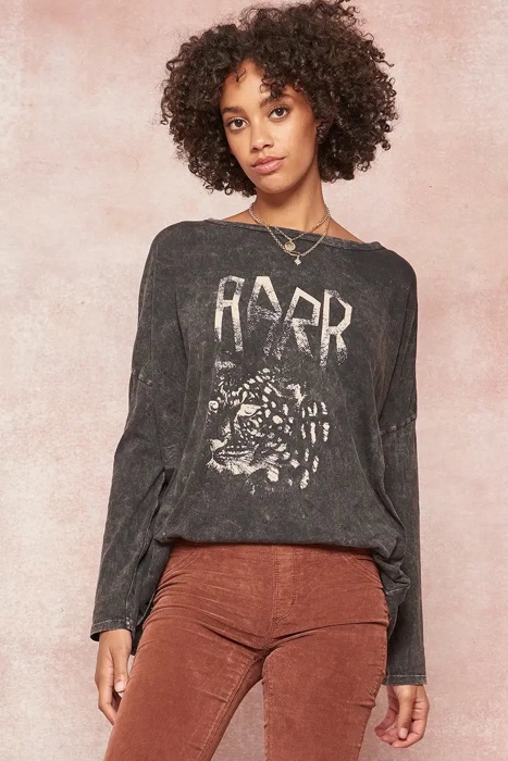 Alexia Leopard Vintage Washed Graphic Tee | Charcoal Grey Long Sleeve Top | Mineral Washed with Leopard Graphic | Round Neckline | Relaxed