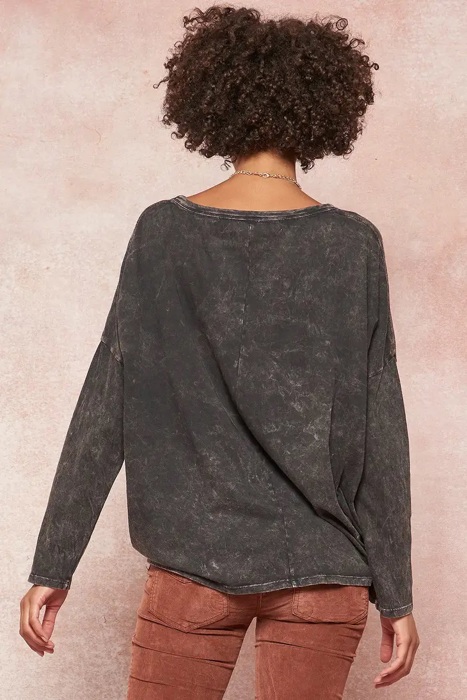Alexia Leopard Vintage Washed Graphic Tee | Charcoal Grey Long Sleeve Top | Mineral Washed with Leopard Graphic | Round Neckline | Relaxed