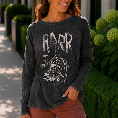Alexia Leopard Vintage Washed Graphic Tee | Charcoal Grey Long Sleeve Top | Mineral Washed with Leopard Graphic | Round Neckline | Relaxed