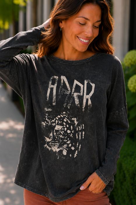 Alexia Leopard Vintage Washed Graphic Tee | Charcoal Grey Long Sleeve Top | Mineral Washed with Leopard Graphic | Round Neckline | Relaxed