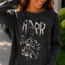  Alexia Leopard Vintage Washed Graphic Tee | Charcoal Grey Long Sleeve Top | Mineral Washed with Leopard Graphic | Round Neckline | Relaxed
