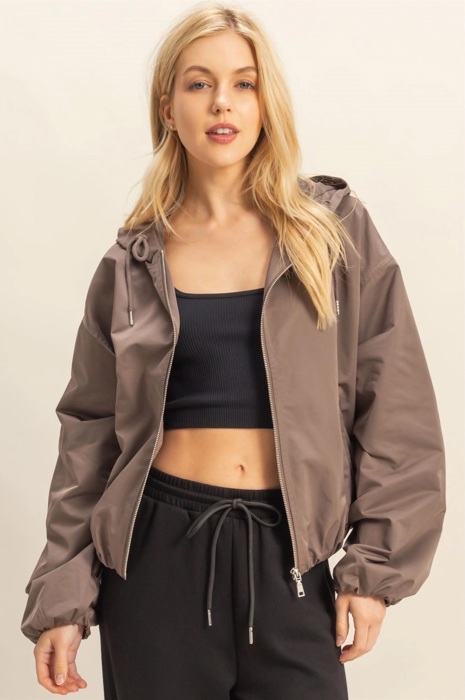 Angela Cropped Zip-Up Hooded Windbreaker | Lightweight Casual Jacket | Taupe | Comfy Everyday Layer