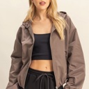  Angela Cropped Zip-Up Hooded Windbreaker | Lightweight Casual Jacket | Taupe | Comfy Everyday Layer