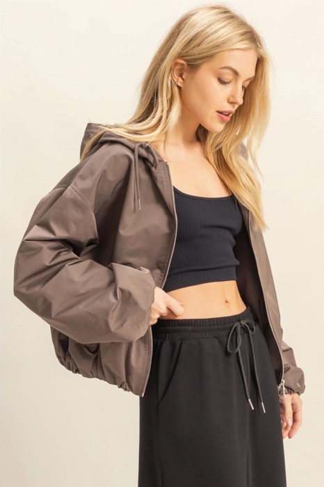 Angela Cropped Zip-Up Hooded Windbreaker | Lightweight Casual Jacket | Taupe | Comfy Everyday Layer
