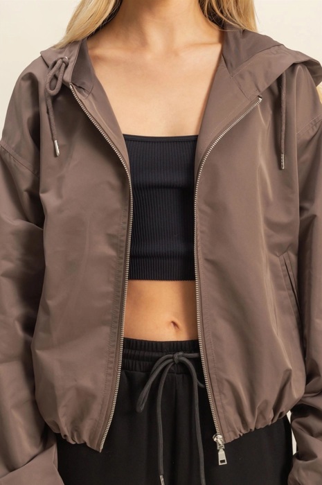 Angela Cropped Zip-Up Hooded Windbreaker | Lightweight Casual Jacket | Taupe | Comfy Everyday Layer