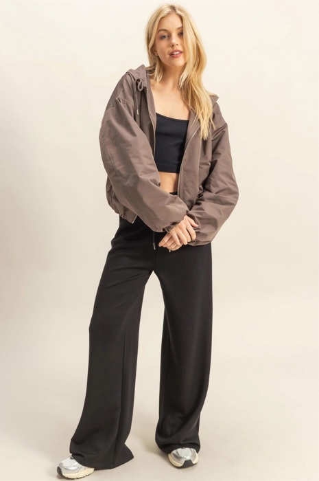 Angela Cropped Zip-Up Hooded Windbreaker | Lightweight Casual Jacket | Taupe | Comfy Everyday Layer