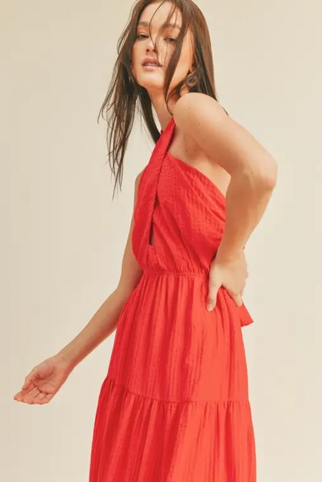 Braelyn Cross Front Halter Maxi Dress | Summer New Arrival | Women's Red Cross-Front Tiered Maxi Dress | Summer Vacation Event Dress | Trendy | Halter Front Cut-Out