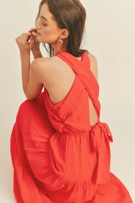 Braelyn Cross Front Halter Maxi Dress | Summer New Arrival | Women's Red Cross-Front Tiered Maxi Dress | Summer Vacation Event Dress | Trendy | Halter Front Cut-Out