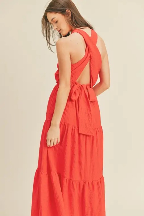 Braelyn Cross Front Halter Maxi Dress | Summer New Arrival | Women's Red Cross-Front Tiered Maxi Dress | Summer Vacation Event Dress | Trendy | Halter Front Cut-Out