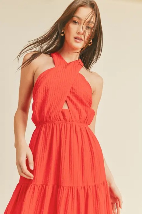 Braelyn Cross Front Halter Maxi Dress | Summer New Arrival | Women's Red Cross-Front Tiered Maxi Dress | Summer Vacation Event Dress | Trendy | Halter Front Cut-Out