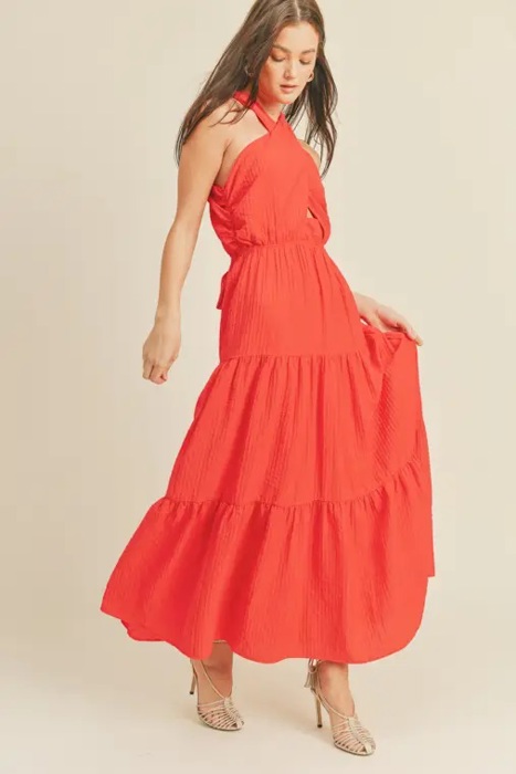 Braelyn Cross Front Halter Maxi Dress | Summer New Arrival | Women's Red Cross-Front Tiered Maxi Dress | Summer Vacation Event Dress | Trendy | Halter Front Cut-Out