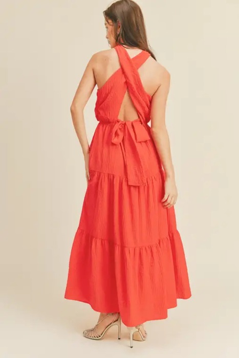 Braelyn Cross Front Halter Maxi Dress | Summer New Arrival | Women's Red Cross-Front Tiered Maxi Dress | Summer Vacation Event Dress | Trendy | Halter Front Cut-Out