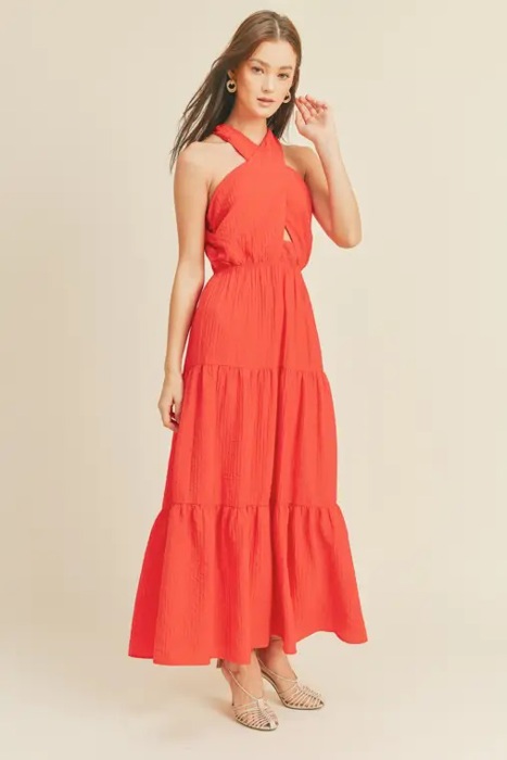 Braelyn Cross Front Halter Maxi Dress | Summer New Arrival | Women's Red Cross-Front Tiered Maxi Dress | Summer Vacation Event Dress | Trendy | Halter Front Cut-Out