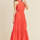  Braelyn Cross Front Halter Maxi Dress | Summer New Arrival | Women's Red Cross-Front Tiered Maxi Dress | Summer Vacation Event Dress | Trendy | Halter Front Cut-Out