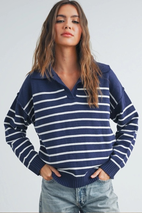 Brianne V-Neck Striped Navy/Ivory Sweater | Cozy and Stylish Women's Fashion | Fall and Winter Trendy Style | Blue and White Stripes