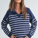  Brianne V-Neck Striped Navy/Ivory Sweater | Cozy and Stylish Women's Fashion | Fall and Winter Trendy Style | Blue and White Stripes