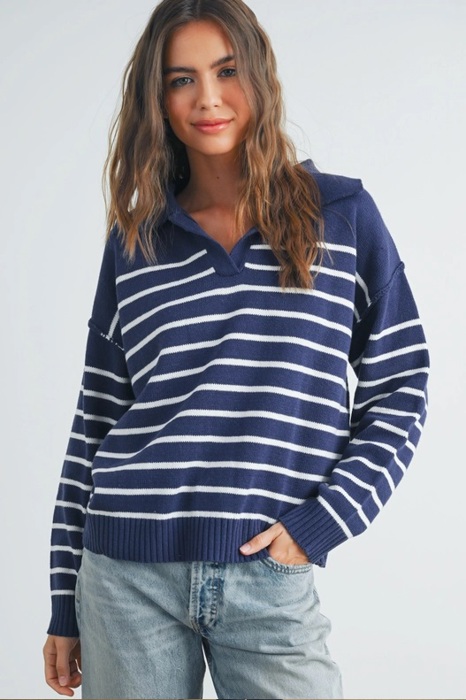 Brianne V-Neck Striped Navy/Ivory Sweater | Cozy and Stylish Women's Fashion | Fall and Winter Trendy Style | Blue and White Stripes