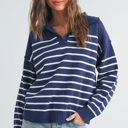  Brianne V-Neck Striped Navy/Ivory Sweater | Cozy and Stylish Women's Fashion | Fall and Winter Trendy Style | Blue and White Stripes