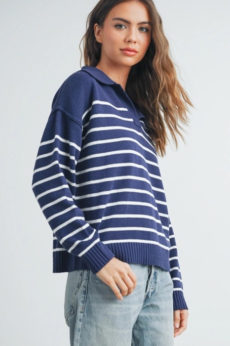 Brianne V-Neck Striped Navy/Ivory Sweater | Cozy and Stylish Women's Fashion | Fall and Winter Trendy Style | Blue and White Stripes