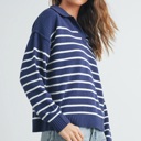  Brianne V-Neck Striped Navy/Ivory Sweater | Cozy and Stylish Women's Fashion | Fall and Winter Trendy Style | Blue and White Stripes