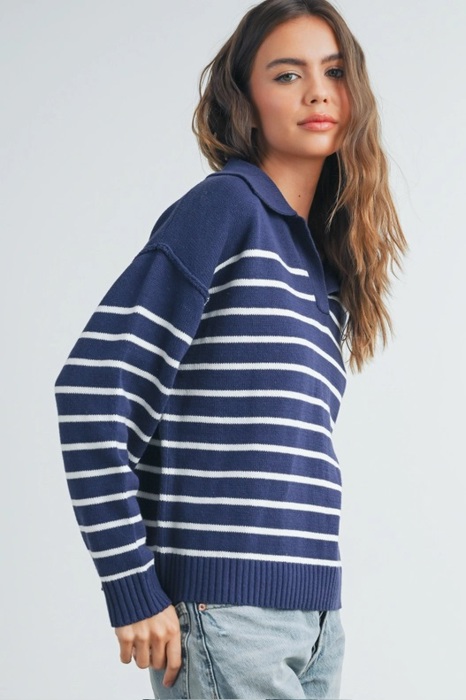 Brianne V-Neck Striped Navy/Ivory Sweater | Cozy and Stylish Women's Fashion | Fall and Winter Trendy Style | Blue and White Stripes