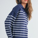  Brianne V-Neck Striped Navy/Ivory Sweater | Cozy and Stylish Women's Fashion | Fall and Winter Trendy Style | Blue and White Stripes