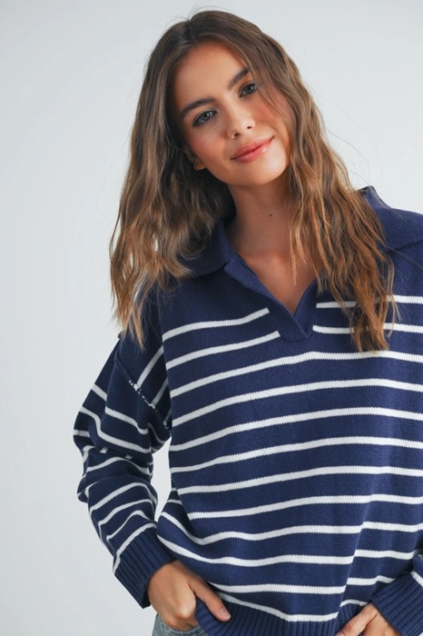 Brianne V-Neck Striped Navy/Ivory Sweater | Cozy and Stylish Women's Fashion | Fall and Winter Trendy Style | Blue and White Stripes