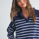  Brianne V-Neck Striped Navy/Ivory Sweater | Cozy and Stylish Women's Fashion | Fall and Winter Trendy Style | Blue and White Stripes