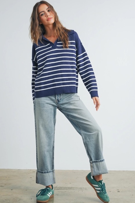 Brianne V-Neck Striped Navy/Ivory Sweater | Cozy and Stylish Women's Fashion | Fall and Winter Trendy Style | Blue and White Stripes
