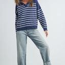  Brianne V-Neck Striped Navy/Ivory Sweater | Cozy and Stylish Women's Fashion | Fall and Winter Trendy Style | Blue and White Stripes