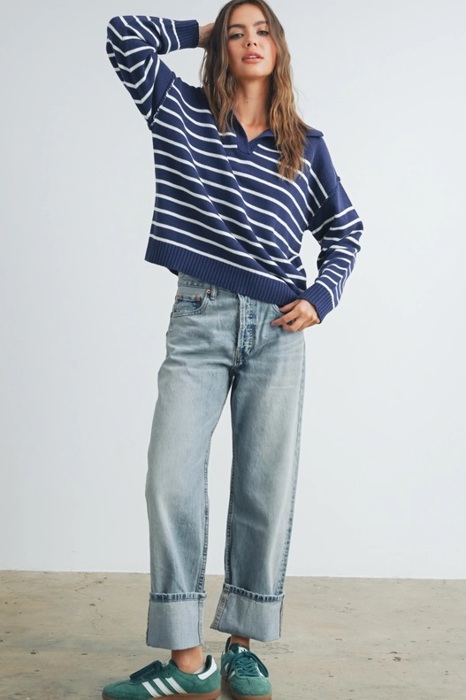 Brianne V-Neck Striped Navy/Ivory Sweater | Cozy and Stylish Women's Fashion | Fall and Winter Trendy Style | Blue and White Stripes