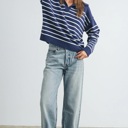  Brianne V-Neck Striped Navy/Ivory Sweater | Cozy and Stylish Women's Fashion | Fall and Winter Trendy Style | Blue and White Stripes