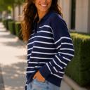  Brianne V-Neck Striped Navy/Ivory Sweater | Cozy and Stylish Women's Fashion | Fall and Winter Trendy Style | Blue and White Stripes