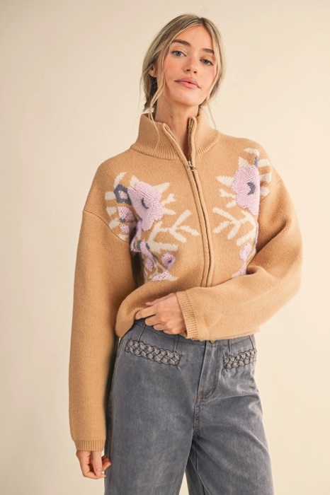 Cameron Floral Zip Up Sweater Cardigan | Women's Fall and Winter Knit Top | Chic Warm Stylish Soft Statement Shirt