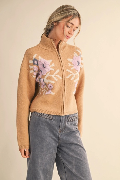 Cameron Floral Zip Up Sweater Cardigan | Women's Fall and Winter Knit Top | Chic Warm Stylish Soft Statement Shirt