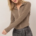  Carla Striped Zip-Up Knit Top | Front Zipper | Taupe Tan Beige Neutral Women's Top | Women's Shirt | Collared Shirt