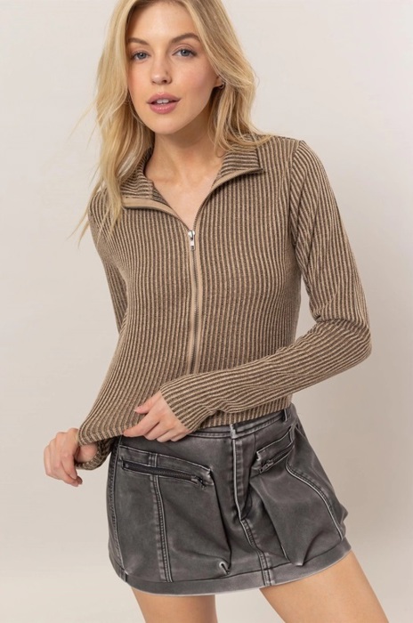 Carla Striped Zip-Up Knit Top | Front Zipper | Taupe Tan Beige Neutral Women's Top | Women's Shirt | Collared Shirt