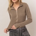  Carla Striped Zip-Up Knit Top | Front Zipper | Taupe Tan Beige Neutral Women's Top | Women's Shirt | Collared Shirt