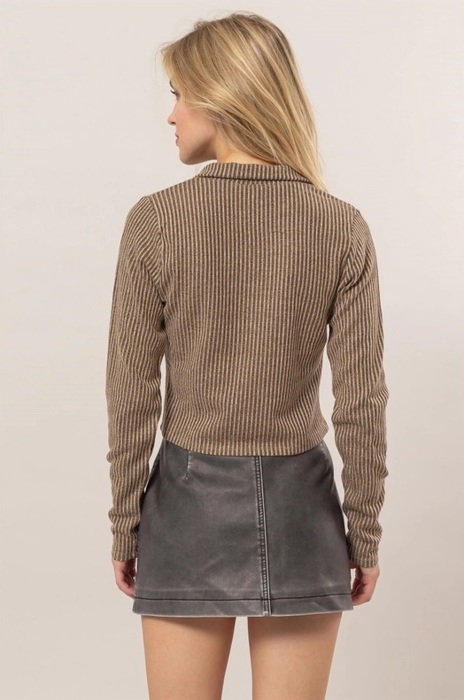 Carla Striped Zip-Up Knit Top | Front Zipper | Taupe Tan Beige Neutral Women's Top | Women's Shirt | Collared Shirt