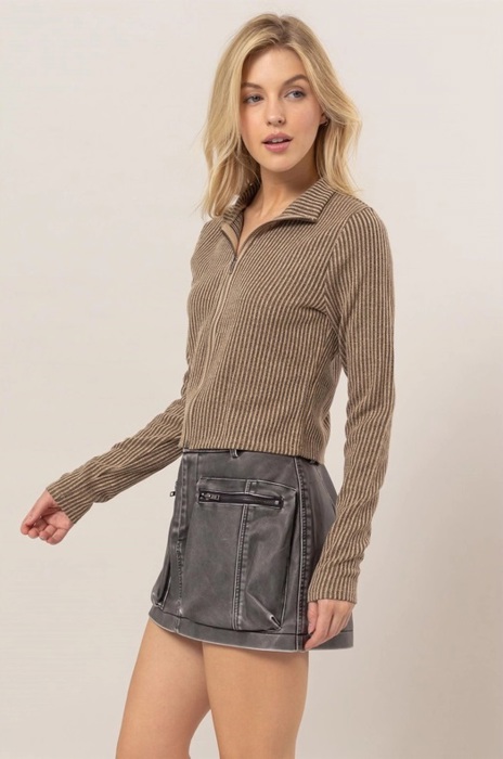 Carla Striped Zip-Up Knit Top | Front Zipper | Taupe Tan Beige Neutral Women's Top | Women's Shirt | Collared Shirt