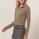  Carla Striped Zip-Up Knit Top | Front Zipper | Taupe Tan Beige Neutral Women's Top | Women's Shirt | Collared Shirt