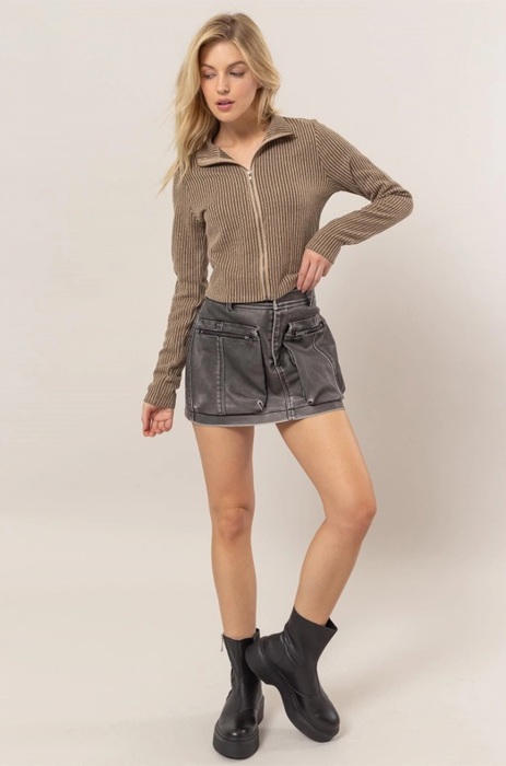Carla Striped Zip-Up Knit Top | Front Zipper | Taupe Tan Beige Neutral Women's Top | Women's Shirt | Collared Shirt