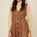  Caroline Faux Leather Surplice Mini Dress | Taupe Button-Up Polyester Dress | Fall Dress | Overall Dress
